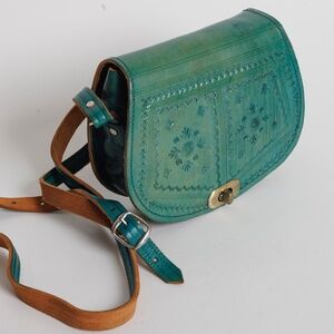 Vintage Handmade Handdyed Turquoise Moroccan Embossed Leather Crossbody Satchel